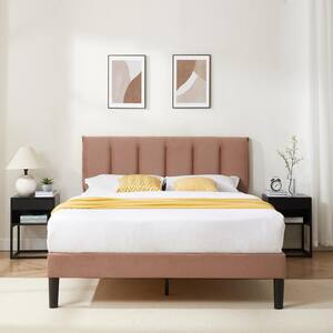 Upholstered Bed Frame Brown Metal Frame Full Platform Bed with Adjustable Headboard Wood Slat No Box Spring Needed