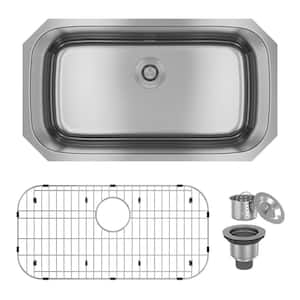 32 in. Undermount Kithchen Sink Single Bowl 18 Gauge Brushed Sink Material with Drain, Bottom Grid and accessories