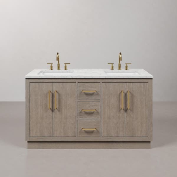 Hugo 60 in. W x 22 in. D Bath Vanity in Grey Oak with Marble Vanity Top in White with White Basin and Gooseneck Faucet