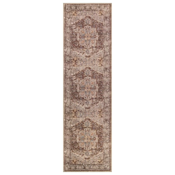 Traditional Medallion Chestnut Brown Machine Washable Non-Slip Backing 2 ft. x 6 ft. Brown Area Rug