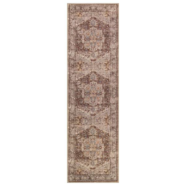 Traditional Medallion Chestnut Brown Machine Washable Non-Slip Backing 2 ft. x 8 ft. Brown Area Rug