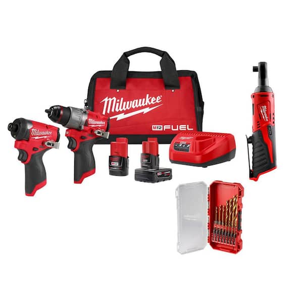 M12 FUEL 12V Cordless Hammer Drill/Impact Kit + Batteries, Bag + M12 3/8 in. Ratchet + 15-Pc Titanium Set Combo Kit