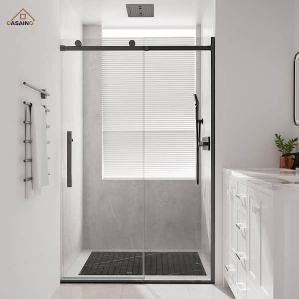 CASAINC 48 in. W x 76 in. H Sliding Frameless Shower Door in Matte Black Finish with Soft-closing and 3/8 in.Tempered Glass