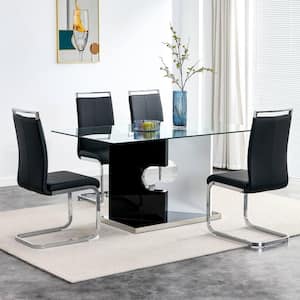 63 in. Minimalist Rectangular Glass Dining Table with Tempered Glass Tabletop and MDF Slab Shaped Base, Black and White