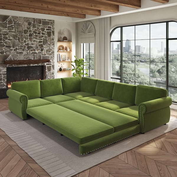 Oversize Convertible 118 in. Chenille Fabric Sectional Sofa in Grass Green with Nailhead Trim, Pull-Out Sofa Sleeper