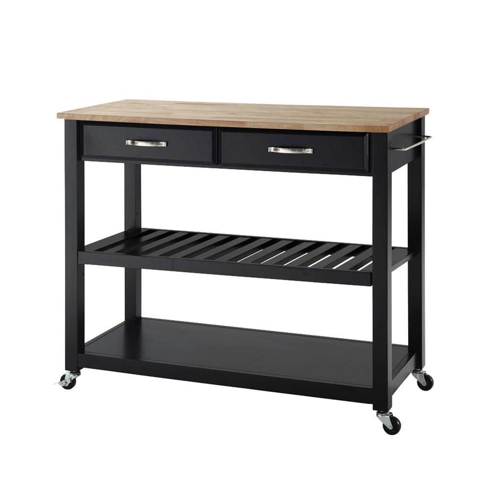 Black and Natural Wood Kitchen Cart with Wine Rack