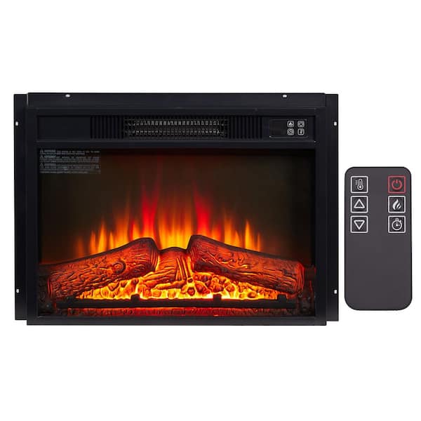 23 in. Ventless Electric Fireplace Insert with Remote Control, Ultra Thin Heater with Log Set & Realistic Flame in Black
