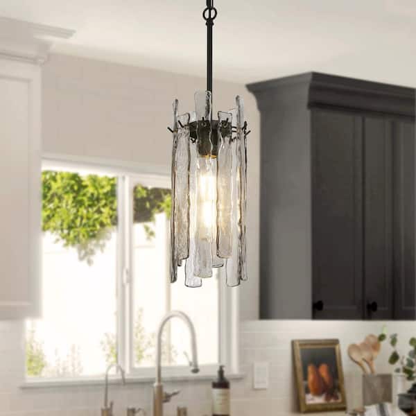 LNC Echonalyri 1-Light Modern Black Drum Geometric Island Pendant Light with Handcrafted Gray Textured Glass Shade