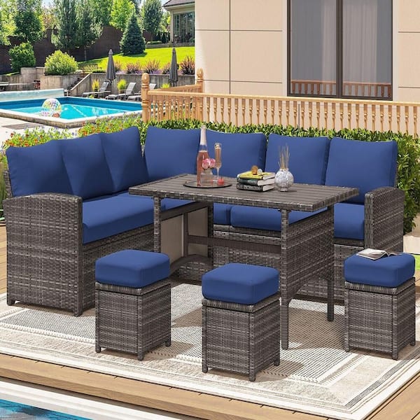 Zeus & Ruta 7-Piece Gray Wicker Patio Conversation Set with Dark Blue Cushions Dining Table and 3 Stool for Backyard, Poolside