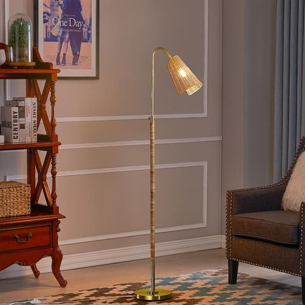 New York 65 in. Brass Task 1 Light Metal Living Room Reading Standing up Standard Floor Lamp With Wicker Shade