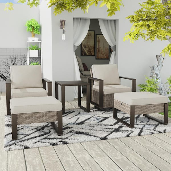 MeetLeisure 5-Piece Swivel Rocker Wicker Outdoor Patio Conversation Set with Beige Cushions