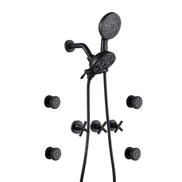 3-Handle 7-Spray Wall Mounted Shower Faucet 1.8 GPM with Ceramic Disc Valves Dual Head with 4 Body Jets in. Black