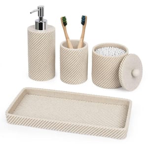 4-Piece Bathroom Accessory Set with Toothbrush Holder, Vanity Tray, Soap Dispenser, Qtip Holder in Beige