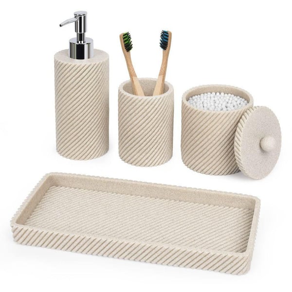 Dracelo 4-Piece Bathroom Accessory Set with Toothbrush Holder, Vanity Tray, Soap Dispenser, Qtip Holder in Beige