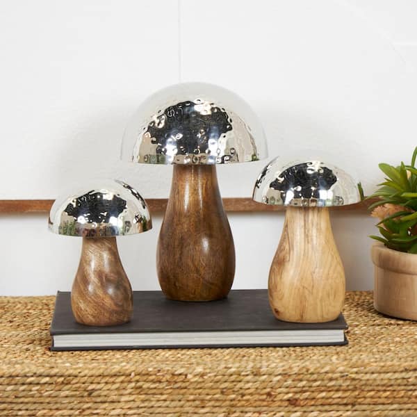 Litton Lane Silver Stainless Steel Handmade Hammered Mushroom Sculpture with Brown Mango Wood Bases (Set of 3)