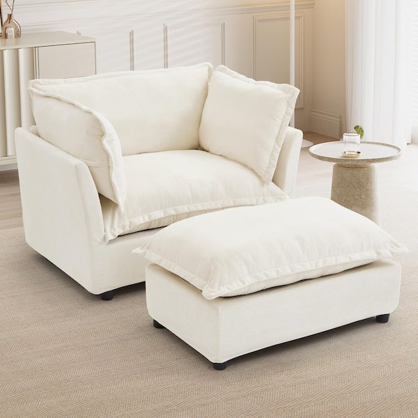 Oversize Beige 47 in Chenille Upholstered Single Arm Chair, Chaise Lounge Chair with Removable Ottoman