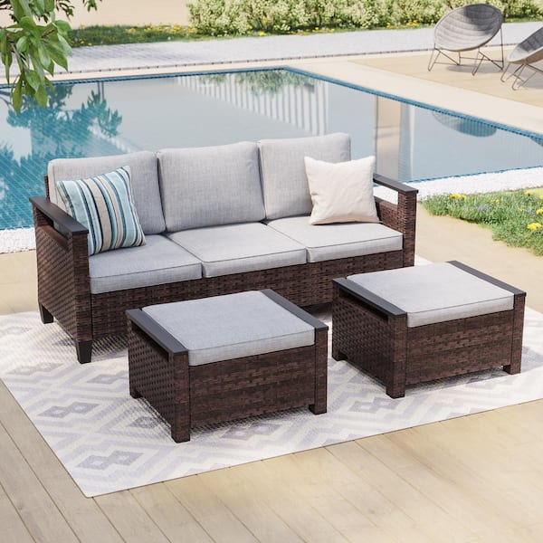 Sonkuki 3-Piece Brown Wicker Linen Grey Cushions Patio Conversation Set Comprising a 3-Seater Sofa and 2-Ottomans
