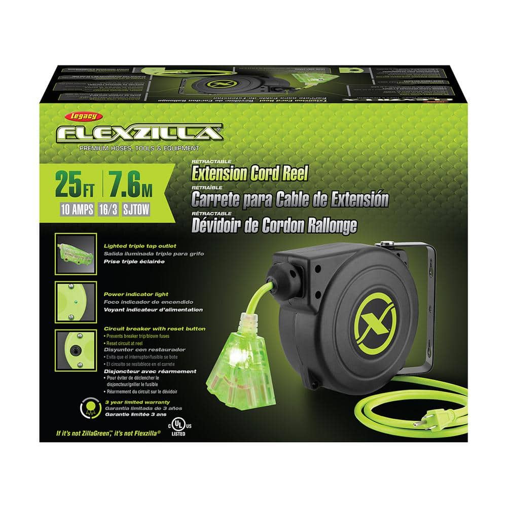 Flexzilla 25 ft. Retractable Extension Cord Reel with Lighted Triple Tap