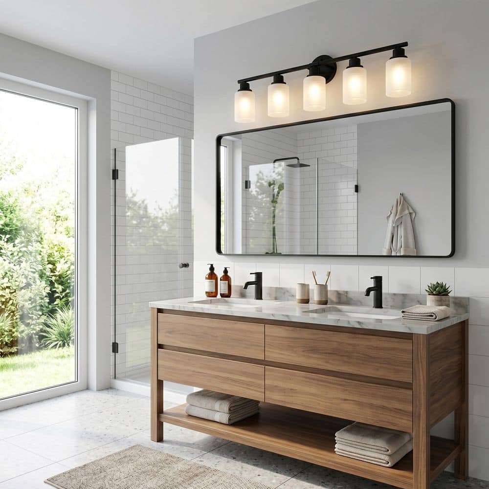 31.5 in. 5-Light Black Bathroom Light Fixture, Vanity Light Over Mirror with Milky White Glass Shade, Wall Light Fixture price history on PriceWatchPro