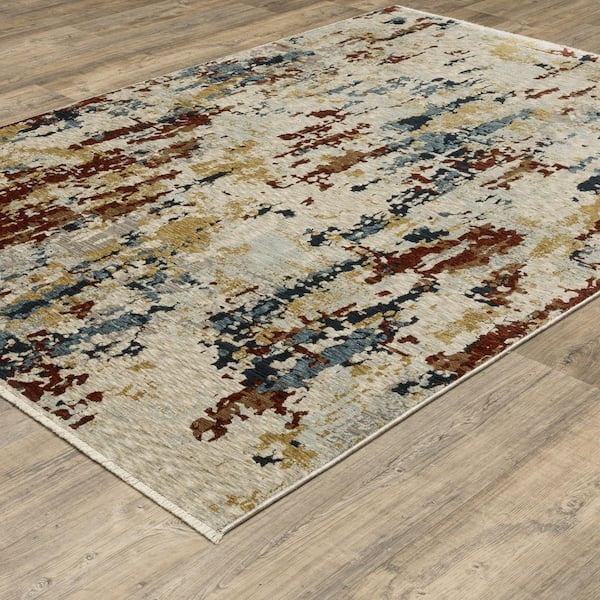 Cage Beige/Multi-Colored 10 ft. x 13 ft. Contemporary Abstract Polyester Fringe-Edge Indoor Area Rug