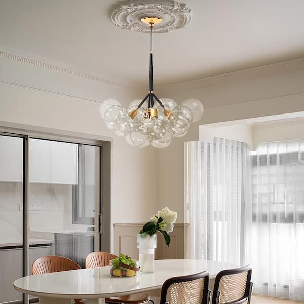 Alma 4-Light 22.8 in.W Gold Bubble Chandelier with Black Leather, 12 Clear Light Glass Globes and LED Bulbs Included