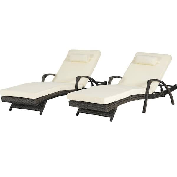 Outdoor Armchairs 2-Pieces Wicker and Metal Outdoor Recliner with Beige Cushions