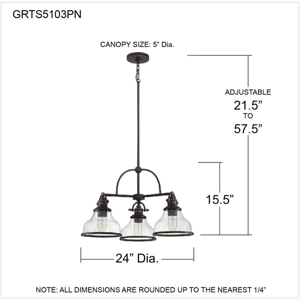Grant 24'' Bronze Steel 3-Light Medium Chandelier with Seedy Glass