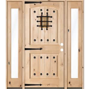 58 in. x 80 in. Mediterranean Unfinished Knotty Alder Arch Left-Hand Full Sidelites Clear Glass Prehung Front Door