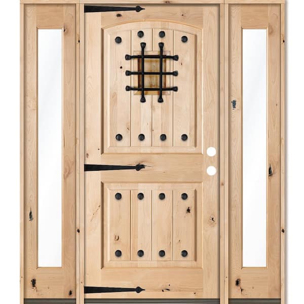Krosswood Doors 58 in. x 80 in. Mediterranean Unfinished Knotty Alder Arch Left-Hand Full Sidelites Clear Glass Prehung Front Door