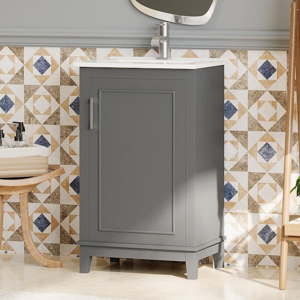 Victoria 16 in. W Freestanding Modern Design Single Sink Bath Vanity in Gray with White Ceramic Top