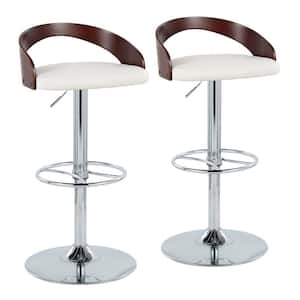 Grotto 32.25 in. White Faux Leather, Cherry Wood, and Chrome Metal Adjustable Bar Stool with Wheel Footrest (Set of 2)