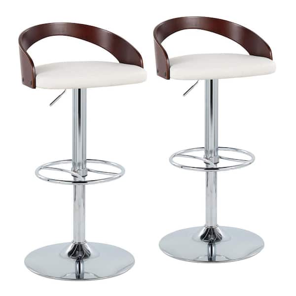 Lumisource Grotto 32.25 in. White Faux Leather, Cherry Wood, and Chrome Metal Adjustable Bar Stool with Wheel Footrest (Set of 2)