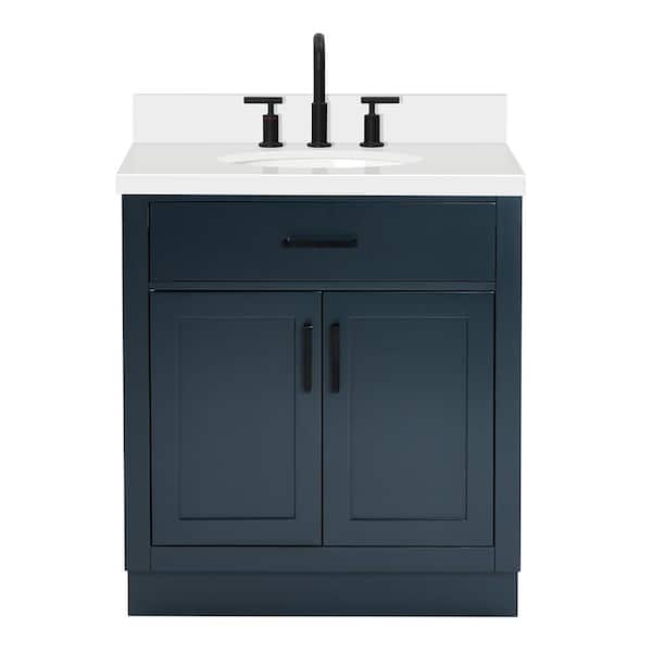 Hepburn 30 in. W x 22 in. D x 36 in. H Bath Vanity in Midnight Blue with Pure Quartz Vanity Top with White Basin