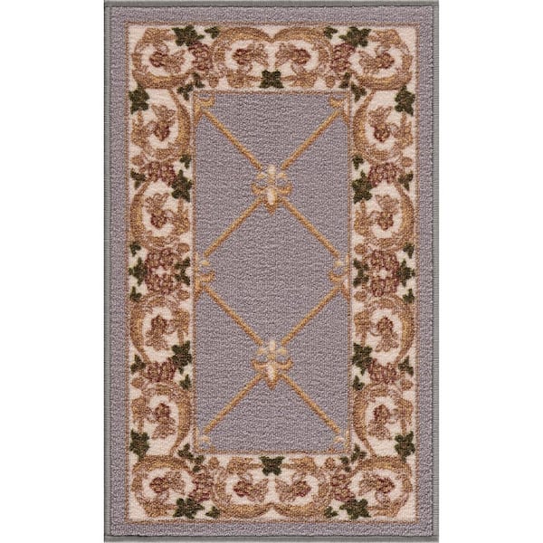 PLAYA RUG Carpet Mat Fleur De Lis Design Slip Resistant, Grey, 19.5 in. x 32 in.