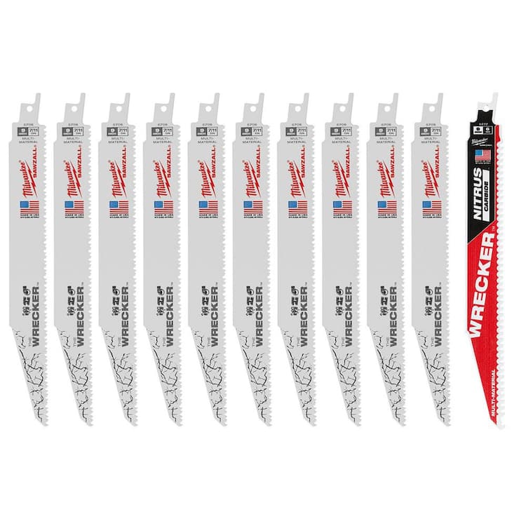 Milwaukee 9 in. 7/11TPI WRECKER Demo Multi-Material Cutting SAWZALL Reciprocating Saw Blade Set w Nitrus Carbide Wrecker (11-Pack)
