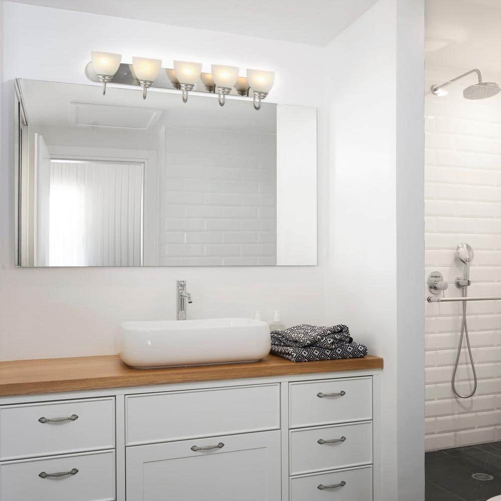 Brushed Nickel 5-Light Bathroom Vanity with Frosted Glass Shades