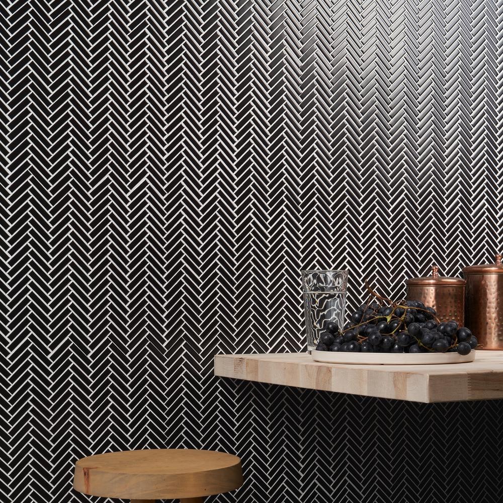 Black Matte Porcelain Herringbone Mosaic Tile 11x11