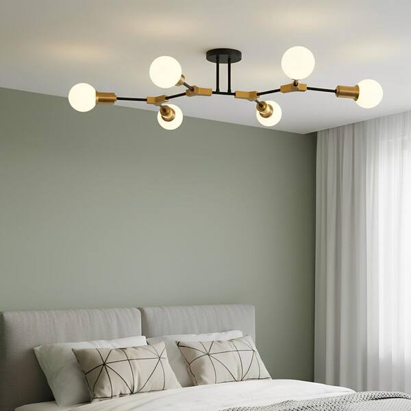 35 in. 6-Light Black and Gold Modern Sputnik Semi-Flush Mount, Mini Chandelier for Bedroom Living Room Hallway