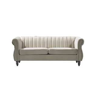 Louis 76.4 in. W Round Arm Velvet 3-Seats Straight Chesterfield Sofa with Nailheads in Beige