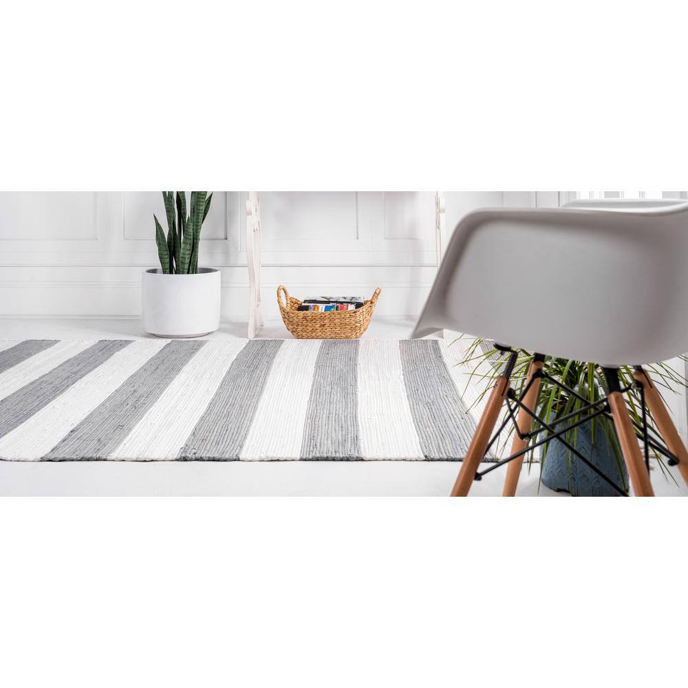 Handwoven Striped Chindi Rag Rug in Gray and Cream Cotton