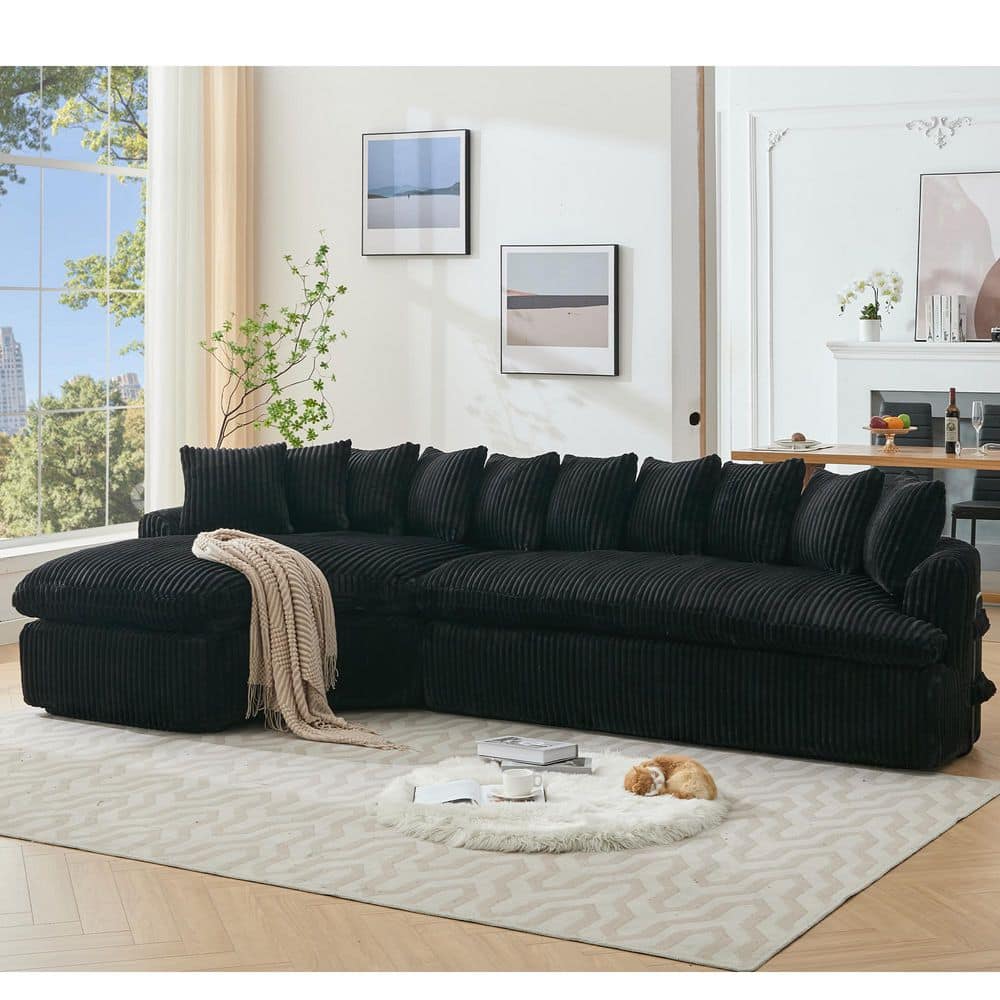 No Assembly Required 127 in. L-Shape Corduroy Sectional Sofa in Black with 
