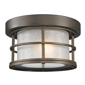 1-Light Oil Rubbed Bronze Outdoor Flush Mount with White Seedy Glass Shade