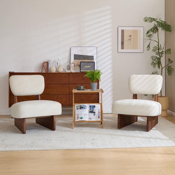 Flexiform Modern Upholstered Lounge Chair Accent Slipper Chairs, Solid Wood Base, Walnut Plus White, (Set of 2)