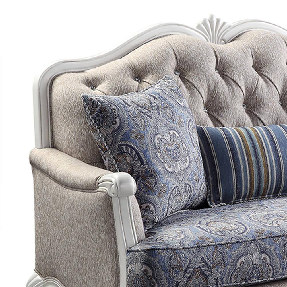 White Floral Tufted Fabric Loveseat with Wood Frame