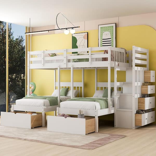 White Full Over Twin Twin Bunk Bed, Wood Triple Size Bunk Bed with Drawers
