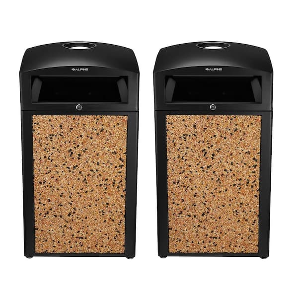 Alpine Industries 40 Gal. Beige Stone All-Weather Vented Outdoor Commercial Garbage Trash Can with Ashtray Lid and Liner (2-Pack)