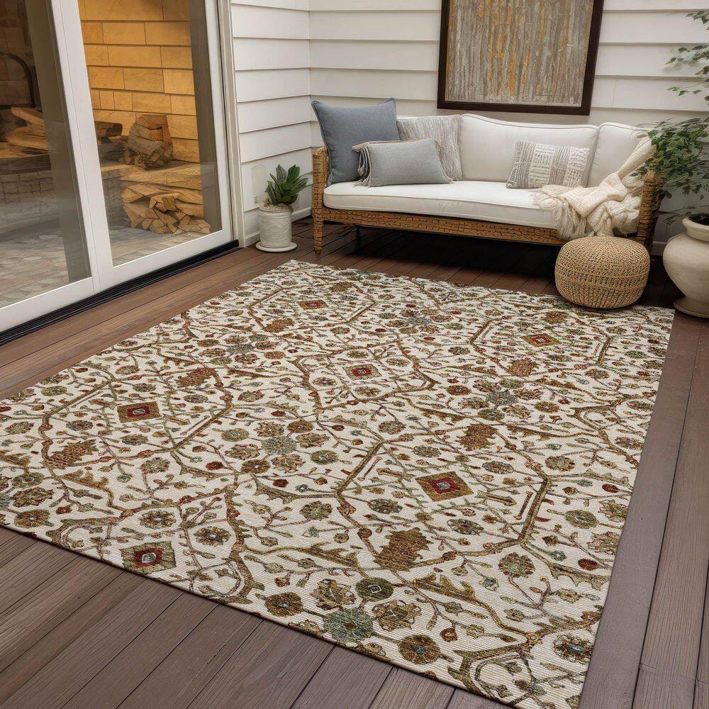 Ivory and Multicolor Synthetic Flat Woven Washable Rug, 5' x 7'