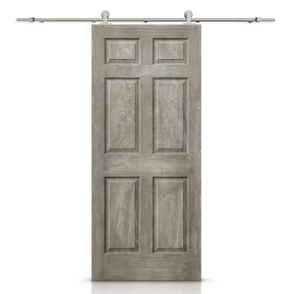 CALHOME 30 in. x 80 in. Vintage Gray Stain Composite MDF 6 Panel Interior Sliding Barn Door with Hardware Kit