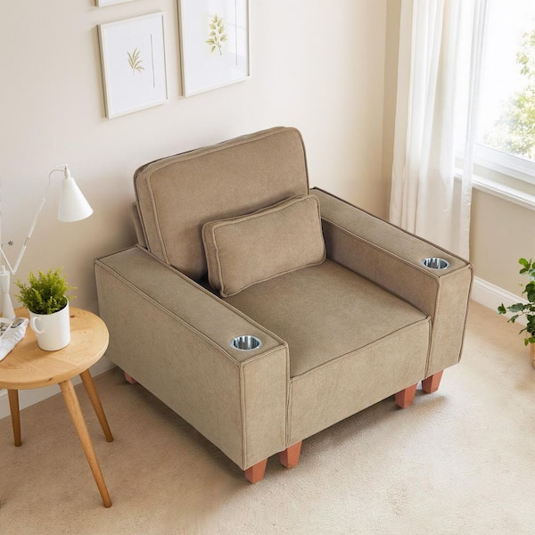 Oversized Khaki Chenille Armchair Deep Seat Single Sofa with 2-Cup Holder and Lumbar Pillow for Living Room