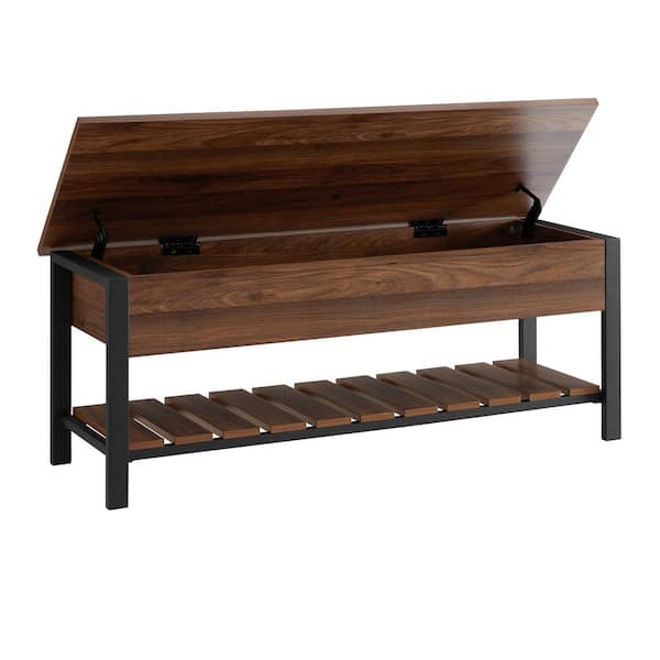Dark Walnut Modern Farmhouse Storage Bench with Shoe Shelf